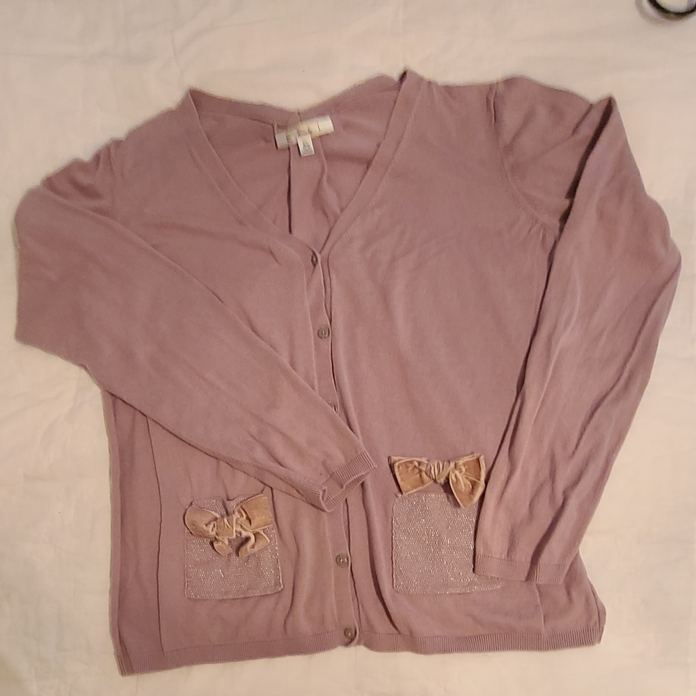 Womens button down cotton Cabi light weight light purple sweater.